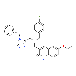 ChemSpider 2D Image | 3-({[(1-Benzyl-1H-tetrazol-5-yl)methyl](4-fluorobenzyl)amino}methyl)-6-ethoxy-2(1H)-quinolinone | C28H27FN6O2