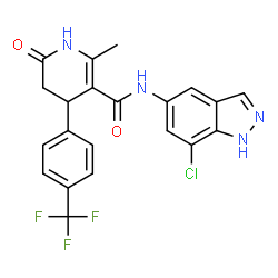 ChemSpider 2D Image | N-(7-Chloro-1H-indazol-5-yl)-1,4,5,6-tetrahydro-2-methyl-6-oxo-4-[4-(trifluoromethyl)phenyl]-3-pyridinecarboxamide | C21H16ClF3N4O2