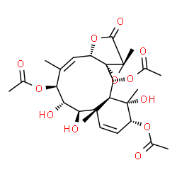 ChemSpider 2D Image | (1S,2R,4aS,5R,6S,7S,8Z,9aS,11aR,12aS,13R,13aS)-1,5,6-Trihydroxy-1,4a,8,11a-tetramethyl-11-oxo-2,4a,5,6,7,9a,11,11a,13,13a-decahydro-1H-benzo[4,5]cyclodeca[1,2-b]oxireno[c]furan-2,7,13-triyl triacetate | C26H34O12