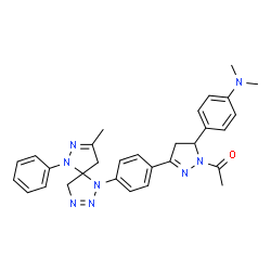 ChemSpider 2D Image | 1-{5-[4-(Dimethylamino)phenyl]-3-[4-(8-methyl-6-phenyl-1,2,3,6,7-pentaazaspiro[4.4]nona-2,7-dien-1-yl)phenyl]-4,5-dihydro-1H-pyrazol-1-yl}ethanone | C30H32N8O
