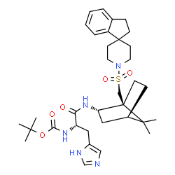 ChemSpider 2D Image | 2-Methyl-2-propanyl [(2S)-1-({(1S,2S,4R)-1-[(2,3-dihydro-1'H-spiro[indene-1,4'-piperidin]-1'-ylsulfonyl)methyl]-7,7-dimethylbicyclo[2.2.1]hept-2-yl}amino)-3-(1H-imidazol-5-yl)-1-oxo-2-propanyl]carbama
te | C34H49N5O5S