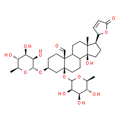 ChemSpider 2D Image | (3beta,5beta,8xi,9xi,14beta,17beta)-3-[(6-Deoxy-alpha-L-mannopyranosyl)oxy]-14-hydroxy-19-oxo-17-[(2S)-5-oxo-2,5-dihydro-2-furanyl]androstan-5-yl 6-deoxy-L-mannopyranoside | C35H52O14