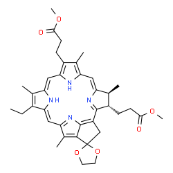 ChemSpider 2D Image | Dimethyl 3,3'-[(9'Z,13'Z,19'Z,21'S,22'S)-11'-ethyl-12',17',21',26'-tetramethylspiro[1,3-dioxolane-2,4'-[7,23,24,25]tetraazahexacyclo[18.2.1.1~5,8~.1~10,13~.1~15,18~.0~2,6~]hexacosa[1(23),2(6),5(26),7,
9,11,13,15,17,19]decaene]-16',22'-diyl]dipropanoate | C38H44N4O6