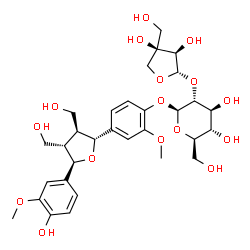ChemSpider 2D Image | 4-[(2R,3S,4S,5R)-5-(4-Hydroxy-3-methoxyphenyl)-3,4-bis(hydroxymethyl)tetrahydro-2-furanyl]-2-methoxyphenyl 2-O-[(2S,3R,4R)-3,4-dihydroxy-4-(hydroxymethyl)tetrahydro-2-furanyl]-beta-D-glucopyranoside | C31H42O16