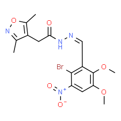 ChemSpider 2D Image | N'-[(Z)-(2-Bromo-5,6-dimethoxy-3-nitrophenyl)methylene]-2-(3,5-dimethyl-1,2-oxazol-4-yl)acetohydrazide | C16H17BrN4O6