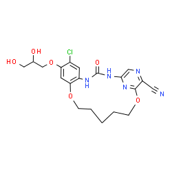 ChemSpider 2D Image | 7-Chloro-8-(2,3-dihydroxypropoxy)-3-oxo-11,17-dioxa-2,4,20,22-tetraazatricyclo[16.3.1.0~5,10~]docosa-1(22),5,7,9,18,20-hexaene-19-carbonitrile | C20H22ClN5O6