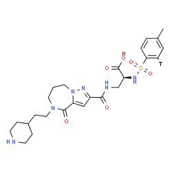 ChemSpider 2D Image | N-{[4-Methyl(2-~3~H)phenyl]sulfonyl}-3-[({4-oxo-5-[2-(4-piperidinyl)ethyl]-5,6,7,8-tetrahydro-4H-pyrazolo[1,5-a][1,4]diazepin-2-yl}carbonyl)amino]-L-alanine | C25H33TN6O6S