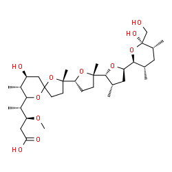 ChemSpider 2D Image | (3S,4S)-4-[(2S,8R,9S)-9-Hydroxy-2-{(2S,2'R,3'S,5R,5'R)-5'-[(2S,3S,5R,6R)-6-hydroxy-6-(hydroxymethyl)-3,5-dimethyltetrahydro-2H-pyran-2-yl]-2,3'-dimethyloctahydro-2,2'-bifuran-5-yl}-2,8-dimethyl-1,6-di
oxaspiro[4.5]dec-7-yl]-3-methoxypentanoic acid | C34H58O11
