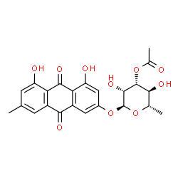 ChemSpider 2D Image | 4,5-Dihydroxy-7-methyl-9,10-dioxo-9,10-dihydro-2-anthracenyl 3-O-acetyl-6-deoxy-alpha-L-mannopyranoside | C23H22O10