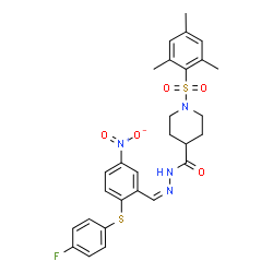 ChemSpider 2D Image | N'-[(Z)-{2-[(4-Fluorophenyl)sulfanyl]-5-nitrophenyl}methylene]-1-(mesitylsulfonyl)-4-piperidinecarbohydrazide | C28H29FN4O5S2