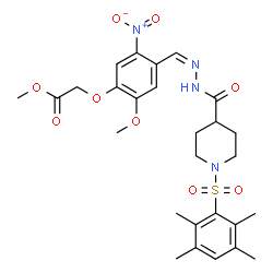 ChemSpider 2D Image | Methyl (2-methoxy-5-nitro-4-{(Z)-[({1-[(2,3,5,6-tetramethylphenyl)sulfonyl]-4-piperidinyl}carbonyl)hydrazono]methyl}phenoxy)acetate | C27H34N4O9S