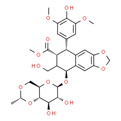 ChemSpider 2D Image | Methyl (5R,6R,8S)-8-({4,6-O-[(1R)-ethylidene]-beta-D-glucopyranosyl}oxy)-5-(4-hydroxy-3,5-dimethoxyphenyl)-7-(hydroxymethyl)-5,6,7,8-tetrahydronaphtho[2,3-d][1,3]dioxole-6-carboxylate | C30H36O14