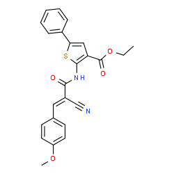 ChemSpider 2D Image | Ethyl 2-{[(2E)-2-cyano-3-(4-methoxyphenyl)-2-propenoyl]amino}-5-phenyl-3-thiophenecarboxylate | C24H20N2O4S