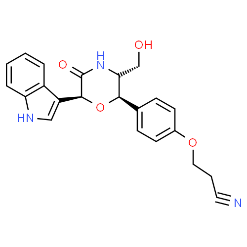 ChemSpider 2D Image | 3-{4-[(2R,3S,6S)-3-(Hydroxymethyl)-6-(1H-indol-3-yl)-5-oxo-2-morpholinyl]phenoxy}propanenitrile | C22H21N3O4