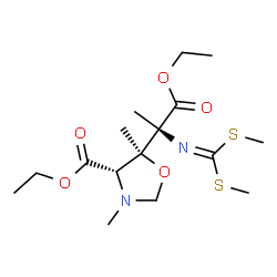 ChemSpider 2D Image | Ethyl (4S,5S)-5-[(2R)-2-{[bis(methylsulfanyl)methylene]amino}-1-ethoxy-1-oxo-2-propanyl]-3,5-dimethyl-1,3-oxazolidine-4-carboxylate | C16H28N2O5S2