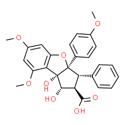 ChemSpider 2D Image | (1S,2R,3S,3aR,8bS)-1,8b-Dihydroxy-6,8-dimethoxy-3a-(4-methoxyphenyl)-3-phenyl-2,3,3a,8b-tetrahydro-1H-benzo[b]cyclopenta[d]furan-2-carboxylic acid | C27H26O8