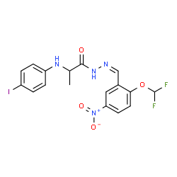 ChemSpider 2D Image | N'-{(Z)-[2-(Difluoromethoxy)-5-nitrophenyl]methylene}-2-[(4-iodophenyl)amino]propanehydrazide (non-preferred name) | C17H15F2IN4O4