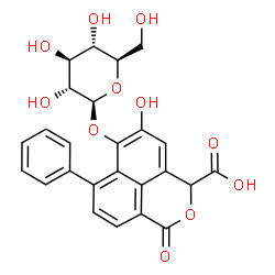 ChemSpider 2D Image | 7-(beta-glucopyranosyloxy)-8-hydroxy-3-oxo-6-phenyl-1H,3H-benzo[de]isochromene-1-carboxylic acid | C25H22O11