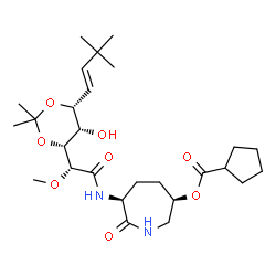 ChemSpider 2D Image | (3R,6S)-6-{[(2R)-2-{(4R,5S,6R)-6-[(1E)-3,3-Dimethyl-1-buten-1-yl]-5-hydroxy-2,2-dimethyl-1,3-dioxan-4-yl}-2-methoxyacetyl]amino}-7-oxo-3-azepanyl cyclopentanecarboxylate | C27H44N2O8
