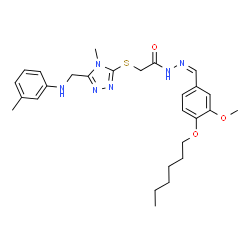 ChemSpider 2D Image | N'-{(Z)-[4-(Hexyloxy)-3-methoxyphenyl]methylene}-2-[(4-methyl-5-{[(3-methylphenyl)amino]methyl}-4H-1,2,4-triazol-3-yl)sulfanyl]acetohydrazide | C27H36N6O3S
