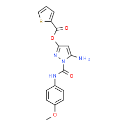 ChemSpider 2D Image | 5-Amino-1-[(4-methoxyphenyl)carbamoyl]-1H-pyrazol-3-yl 2-thiophenecarboxylate | C16H14N4O4S
