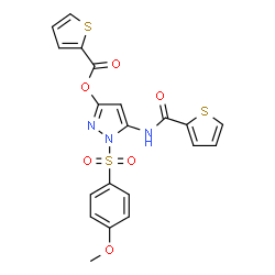 ChemSpider 2D Image | 1-[(4-Methoxyphenyl)sulfonyl]-5-[(2-thienylcarbonyl)amino]-1H-pyrazol-3-yl 2-thiophenecarboxylate | C20H15N3O6S3