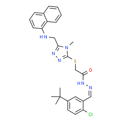 ChemSpider 2D Image | N'-{(Z)-[2-Chloro-5-(2-methyl-2-propanyl)phenyl]methylene}-2-({4-methyl-5-[(1-naphthylamino)methyl]-4H-1,2,4-triazol-3-yl}sulfanyl)acetohydrazide | C27H29ClN6OS