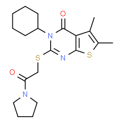 ChemSpider 2D Image | thieno[2,3-d]pyrimidin-4(3H)-one, 3-cyclohexyl-5,6-dimethyl-2-[[2-oxo-2-(1-pyrrolidinyl)ethyl]thio]- | C20H27N3O2S2