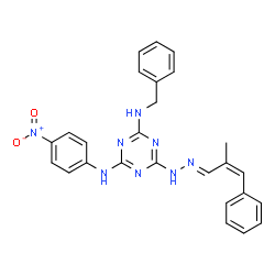 ChemSpider 2D Image | N-Benzyl-6-{(2E)-2-[(2Z)-2-methyl-3-phenyl-2-propen-1-ylidene]hydrazino}-N'-(4-nitrophenyl)-1,3,5-triazine-2,4-diamine | C26H24N8O2