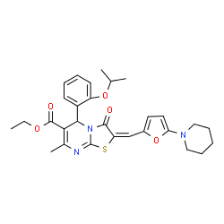 ChemSpider 2D Image | Ethyl (2E)-5-(2-isopropoxyphenyl)-7-methyl-3-oxo-2-{[5-(1-piperidinyl)-2-furyl]methylene}-2,3-dihydro-5H-[1,3]thiazolo[3,2-a]pyrimidine-6-carboxylate | C29H33N3O5S