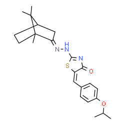ChemSpider 2D Image | (5E)-5-(4-Isopropoxybenzylidene)-2-[(2E)-2-(1,7,7-trimethylbicyclo[2.2.1]hept-2-ylidene)hydrazino]-1,3-thiazol-4(5H)-one | C23H29N3O2S