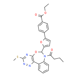 ChemSpider 2D Image | Ethyl 4-{5-[7-butyryl-3-(methylsulfanyl)-6,7-dihydro[1,2,4]triazino[5,6-d][3,1]benzoxazepin-6-yl]-2-furyl}benzoate | C28H26N4O5S
