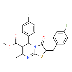 ChemSpider 2D Image | Methyl (2E)-2-(4-fluorobenzylidene)-5-(4-fluorophenyl)-7-methyl-3-oxo-2,3-dihydro-5H-[1,3]thiazolo[3,2-a]pyrimidine-6-carboxylate | C22H16F2N2O3S