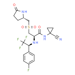ChemSpider 2D Image | N-(1-Cyanocyclopropyl)-3-({[(2S)-5-oxo-2-pyrrolidinyl]methyl}sulfonyl)-N~2~-[(1S)-2,2,2-trifluoro-1-(4-fluorophenyl)ethyl]-L-alaninamide | C20H22F4N4O4S