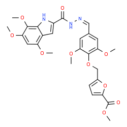 ChemSpider 2D Image | Methyl 5-({2,6-dimethoxy-4-[(Z)-{[(4,6,7-trimethoxy-1H-indol-2-yl)carbonyl]hydrazono}methyl]phenoxy}methyl)-2-furoate | C28H29N3O10