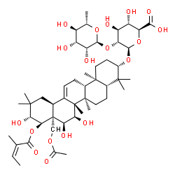 ChemSpider 2D Image | (3beta,15alpha,16alpha,21beta,22alpha)-28-Acetoxy-15,16,21-trihydroxy-22-{[(2Z)-2-methyl-2-butenoyl]oxy}olean-12-en-3-yl 2-O-(6-deoxy-alpha-L-mannopyranosyl)-beta-D-glucopyranosiduronic acid | C49H76O18