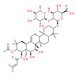 ChemSpider 2D Image | (3beta,15alpha,16alpha,21beta,22alpha)-21-Acetoxy-15,16,28-trihydroxy-22-[(3-methyl-2-butenoyl)oxy]olean-12-en-3-yl 2-O-(6-deoxy-alpha-L-mannopyranosyl)-beta-D-glucopyranosiduronic acid | C49H76O18