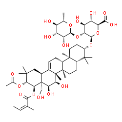 ChemSpider 2D Image | (3beta,15alpha,16alpha,21beta,22alpha)-21-Acetoxy-15,16,28-trihydroxy-22-{[(2Z)-2-methyl-2-butenoyl]oxy}olean-12-en-3-yl 2-O-(6-deoxy-alpha-L-mannopyranosyl)-beta-D-glucopyranosiduronic acid | C49H76O18