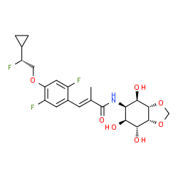 ChemSpider 2D Image | (2E)-3-{4-[(2R)-2-Cyclopropyl-2-fluoroethoxy]-2,5-difluorophenyl}-2-methyl-N-[(3aS,4R,5R,6S,7R,7aR)-4,6,7-trihydroxyhexahydro-1,3-benzodioxol-5-yl]acrylamide | C22H26F3NO7