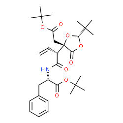 ChemSpider 2D Image | 2-Methyl-2-propanyl N-{(2S)-2-[(2S,4S)-2-(2-methyl-2-propanyl)-4-{2-[(2-methyl-2-propanyl)oxy]-2-oxoethyl}-5-oxo-1,3-dioxolan-4-yl]-3-butenoyl}-L-phenylalaninate | C30H43NO8