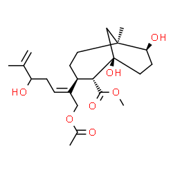 ChemSpider 2D Image | Methyl (1R,2R,3S,6S,7S)-3-[(2E)-1-acetoxy-5-hydroxy-6-methyl-2,6-heptadien-2-yl]-1,7-dihydroxy-6-methylbicyclo[4.3.1]decane-2-carboxylate | C23H36O7