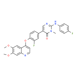 ChemSpider 2D Image | 5-{4-[(6,7-Dimethoxy-4-quinolinyl)oxy]-3-fluorophenyl}-2-[(4-fluorophenyl)amino]-3-methyl-4(3H)-pyrimidinone | C28H22F2N4O4