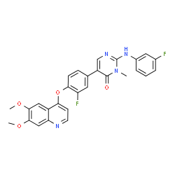 ChemSpider 2D Image | 5-{4-[(6,7-Dimethoxy-4-quinolinyl)oxy]-3-fluorophenyl}-2-[(3-fluorophenyl)amino]-3-methyl-4(3H)-pyrimidinone | C28H22F2N4O4