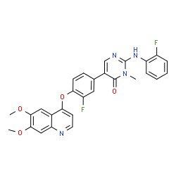 ChemSpider 2D Image | 5-{4-[(6,7-Dimethoxy-4-quinolinyl)oxy]-3-fluorophenyl}-2-[(2-fluorophenyl)amino]-3-methyl-4(3H)-pyrimidinone | C28H22F2N4O4