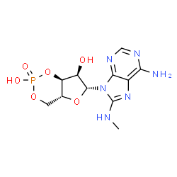 ChemSpider 2D Image | (4aR,6R,7R,7aS)-6-[6-Amino-8-(methylamino)-9H-purin-9-yl]tetrahydro-4H-furo[3,2-d][1,3,2]dioxaphosphinine-2,7-diol 2-oxide | C11H15N6O6P