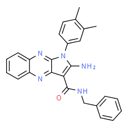 ChemSpider 2D Image | 1H-pyrrolo[2,3-b]quinoxaline-3-carboxamide, 2-amino-1-(3,4-dimethylphenyl)-N-(phenylmethyl)- | C26H23N5O
