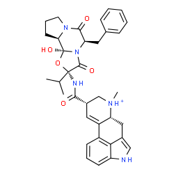 ChemSpider 2D Image | (8alpha)-8-{[(2R,5R,10aR,10bS)-5-Benzyl-10b-hydroxy-2-isopropyl-3,6-dioxooctahydro-8H-[1,3]oxazolo[3,2-a]pyrrolo[2,1-c]pyrazin-2-yl]carbamoyl}-6-methyl-9,10-didehydroergolin-6-ium | C35H40N5O5