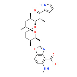 ChemSpider 2D Image | 5-(Methylamino)-2-({(2S,3S,6R,8S,9R,11R)-3,9,11-trimethyl-8-[(2R)-1-oxo-1-(1H-pyrrol-2-yl)-2-propanyl]-1,7-dioxaspiro[5.5]undec-2-yl}methyl)-1,3-benzoxazole-4-carboxylic acid | C29H37N3O6