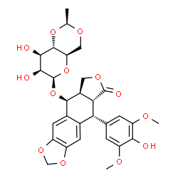 ChemSpider 2D Image | (5S,5aR,8aR,9R)-9-(4-Hydroxy-3,5-dimethoxyphenyl)-8-oxo-5,5a,6,8,8a,9-hexahydrofuro[3',4':6,7]naphtho[2,3-d][1,3]dioxol-5-yl 4,6-O-[(1S)-ethylidene]-beta-D-mannopyranoside | C29H32O13