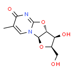 ChemSpider 2D Image | (2R,3S,3aR,9aR)-3-Hydroxy-2-(hydroxymethyl)-7-methyl-2,3,3a,9a-tetrahydro-6H-furo[2',3':4,5][1,3]oxazolo[3,2-a]pyrimidin-6-one | C10H12N2O5
